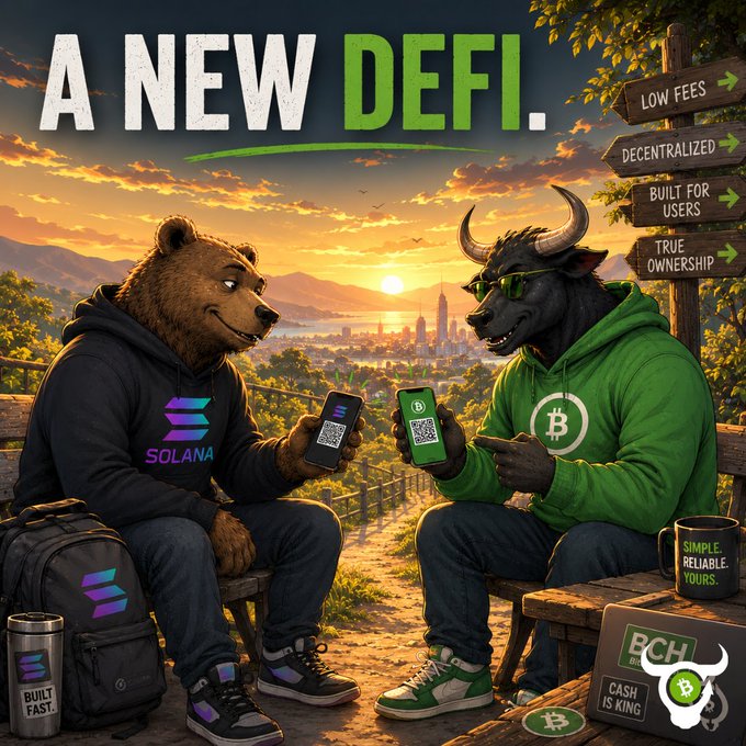An illustrated scene featuring a bear in a Solana hoodie and a bull in a Bitcoin hoodie sitting together, promoting 'A NEW DEFI' with signposts reading 'LOW FEES,' 'DECENTRALIZED,' 'BUILT FOR USERS,' and 'TRUE OWNERSHIP,' plus BCH branding.