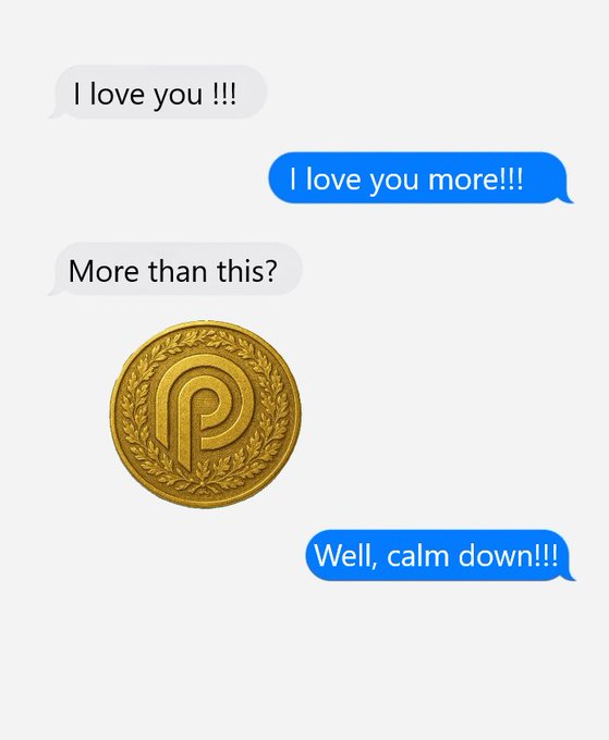 The image shows two text messages from someone named @PythNetwork, which appears to be a romantic love interest. The messages are written in blue text against a white background. One message reads "I love you more!", while the other message says "More than this! Well, calm down!".