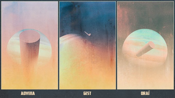 A triptych artwork displays three panels labeled "ADVENI," "GEST," and "ORAI" featuring abstract cylindrical forms against gradient skies.