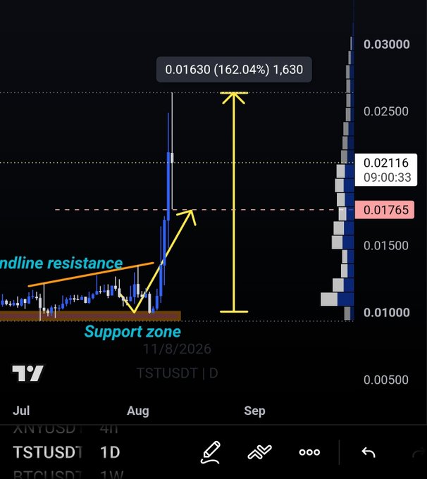 A candlestick chart of $TSTUSDT on the daily timeframe shows a breakout from a support zone with a trendline resistance, rallying 162.04% to reach a high of 0.01630 (1,630), aligning with the trader's post celebrating 160% profits on $TST just 13 days after their original call and highlighting the resistance breakout at 0.01765 as a potential trigger for further upside.