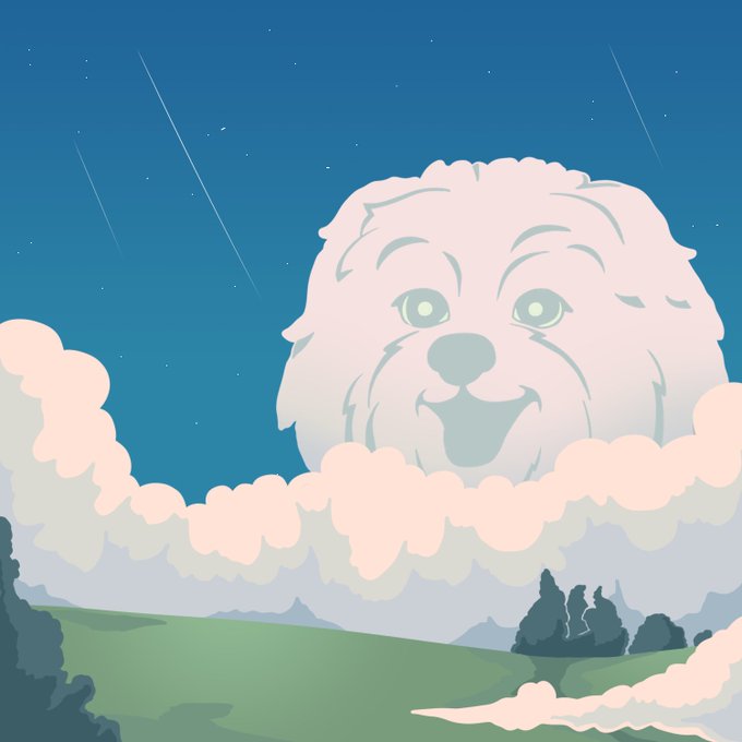 Whimsical illustration of a giant fluffy cat face shaped from clouds in a starry night sky, with shooting stars and a green landscape below.