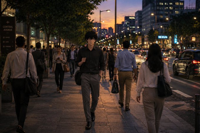 A young man in a black shirt walks down a busy city sidewalk at dusk, surrounded by other pedestrians and illuminated storefronts including one labeled 'NEXUS'.