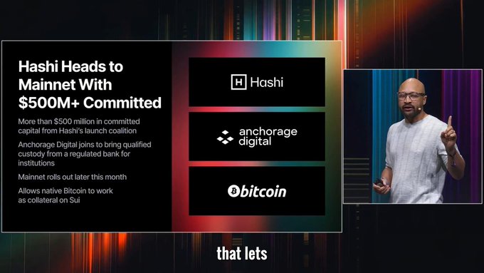 A presentation slide titled 'Hashi Heads to Mainnet With $500M+ Committed' highlights Hashi, Anchorage Digital, and Bitcoin, noting mainnet rollout this month and native Bitcoin collateral on Sui, while a speaker gestures on the right.