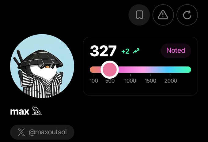 A user profile screen for 'max' (@maxoutsol) showing a stylized ninja avatar, a score of 327 (up by +2), with the position indicated near 500 on a gradient progress bar.