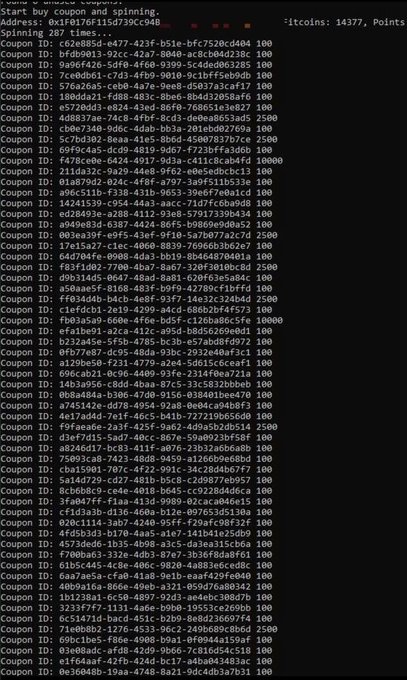 A terminal window displays an automated script output, repeatedly printing lines that begin with "Coupon ID:" followed by hexadecimal strings, point values (100, 2500, 10000), and the word "Spinning 287 times..." alongside an address "0x1f0176f115d739c94b" and a balance showing "14577" coins/points. The image illustrates the post's description of a web3 airdrop campaign, showing the user successfully farming points/coupons through an automated bot interacting with the Anoma protocol's tasks system.