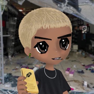 A 3D animated-style character with short blonde hair and a black shirt holds a gold smartphone in a cluttered urban setting.