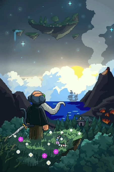 Pixel art depicting a character with headphones and a walking stick looking out over a sea toward a ship, with floating islands in the starry sky and a house nestled in the landscape.