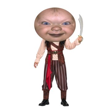 A bizarre figurine or character featuring an oversized baby-like head with a wide grin and blue eyes, dressed in a striped pirate costume and holding a curved sword.