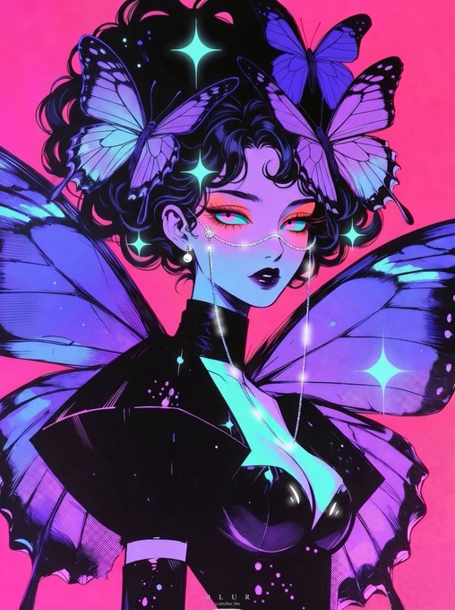 A vibrant illustration of a purple-skinned anime-style woman with butterfly wings, butterfly hair accessories, and glowing green stars against a pink background.