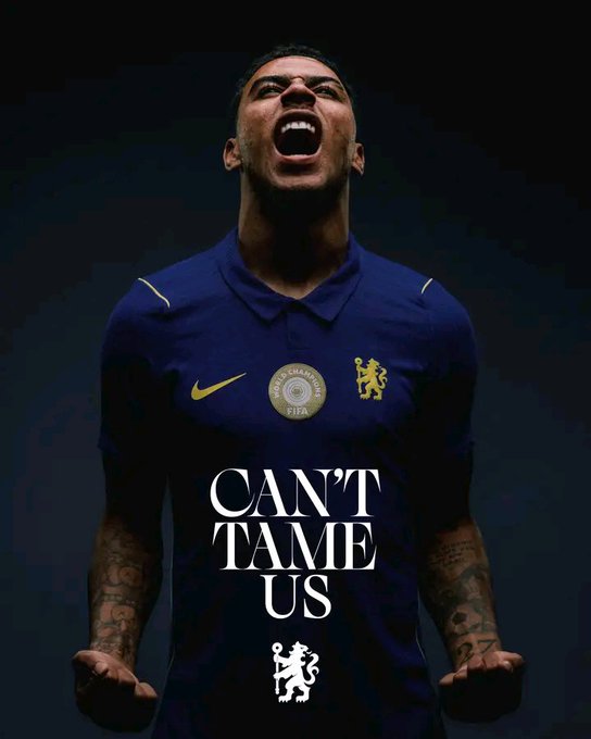 A dramatic Chelsea FC promotional poster featuring a player in the blue Chelsea kit with FIFA Club World Cup badge, accompanied by the slogan 'CAN'T TAME US' and the club's lion crest.