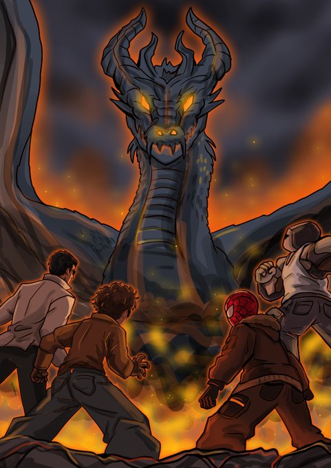 An illustrated fantasy scene showing a group of heroes confronting a large dragon with glowing yellow eyes amid flames and a dark, smoky atmosphere.