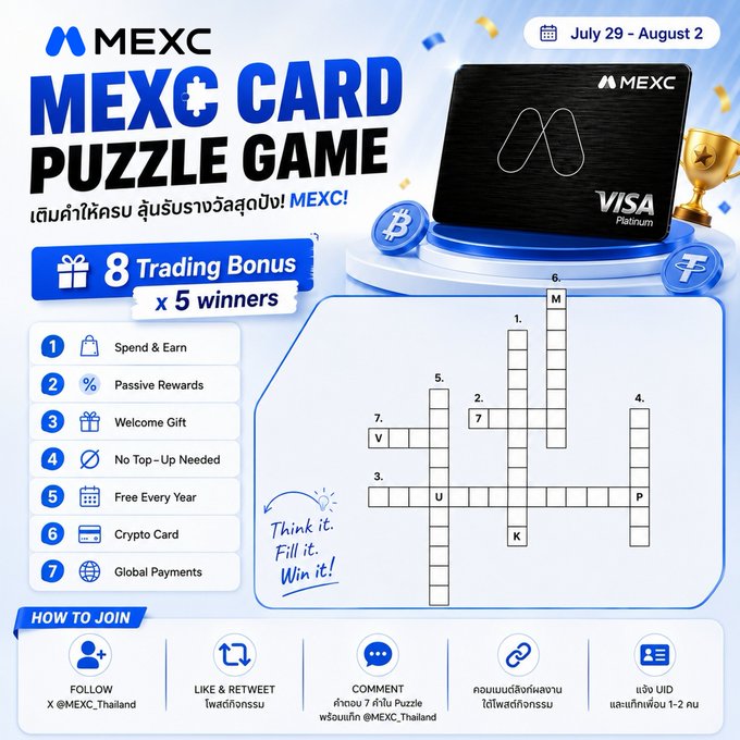 A promotional infographic for 'MEXC CARD PUZZLE GAME' running July 29 - August 2, featuring a MEXC Visa Platinum card image, an 8 Trading Bonus prize for 5 winners, a crossword puzzle, and step-by-step 'How to Join' instructions in Thai and English.