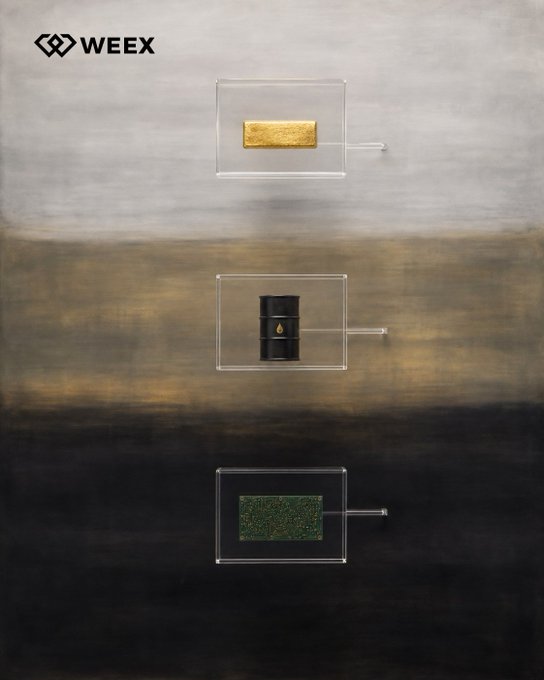 This image features a gold bar, an oil barrel, and a microchip displayed in separate acrylic boxes against a moody, abstract background, all under the WEEX logo. The displayed items represent traditional and modern markets, aligning with the post's message of WEEX covering "All Markets" with an forward-thinking approach.