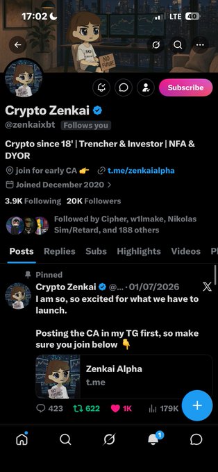 A Twitter/X profile for 'Crypto Zenkai' (@zenkaixbt), a crypto account with 20K followers, featuring a pinned post from 01/07/2026 promoting a 'Zenkai Alpha' launch on Telegram.