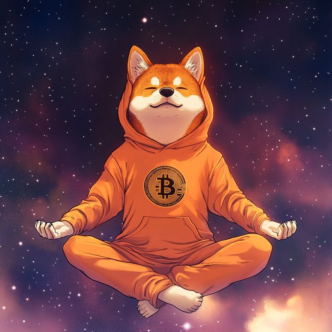 An illustration depicts a Shiba Inu dog meditating in lotus position wearing an orange hoodie with a Bitcoin symbol on the chest, floating against a cosmic starry background.