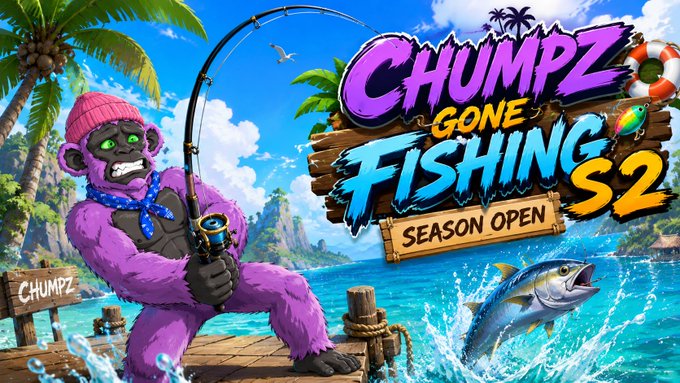 The image features a cartoon monkey holding a fishing rod, standing on a dock with a fish swimming nearby. The background of the image shows an ocean scene with palm trees. The caption below the image reads "Chumpz gone fishing season open", indicating that the game is currently in its open season and ready for players to enjoy.
