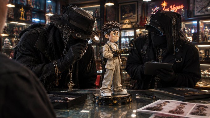 A cinematic scene featuring two darkly-dressed characters with top hats and chain accessories examining a small figurine wearing glasses and holding a guitar, set in what appears to be a Las Vegas-themed room.