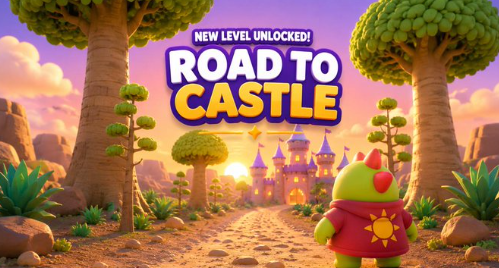 A vibrant cartoon graphic for a game level titled 'NEW LEVEL UNLOCKED! ROAD TO CASTLE', showing a small green character in a red hoodie facing a castle at sunset.