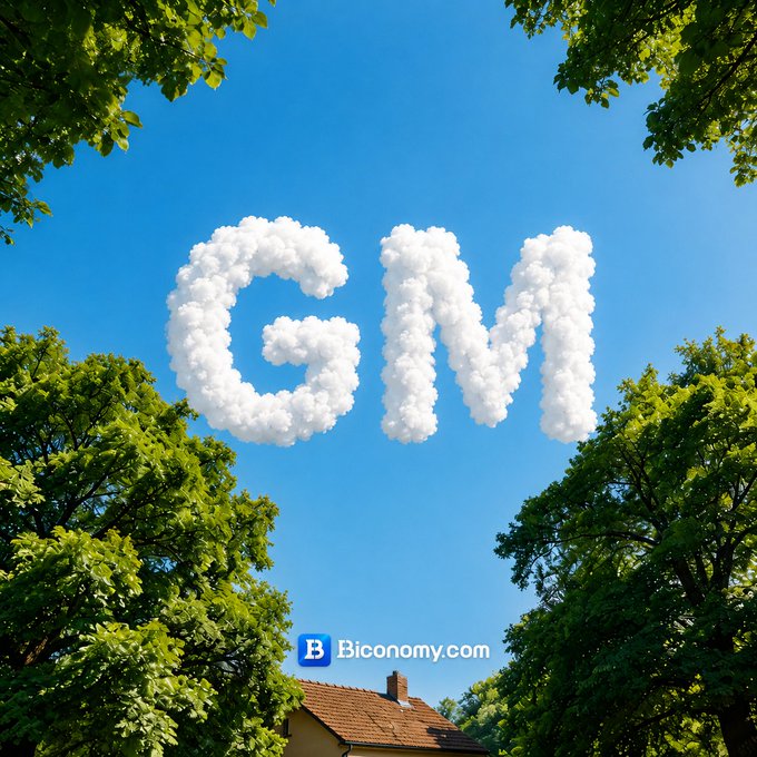 The image features a large cloud made of letters "gm" floating against a blue sky, with some trees visible below. There's also an image of a house in the bottom right corner of the image. The caption on this image reads: "GM New week, fresh mindset. The sky is clear, the charts are open, and Monday is ready for a new move. Let’s start strong. #BiconomyCom #gm #Crypto".