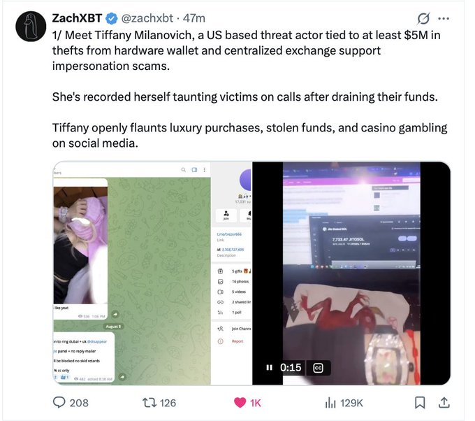 Tweet from @zachxbt alleging that Tiffany Milanovich is a US-based threat actor tied to $5M in crypto scams, with attached screenshots including a video timestamped 0:15.