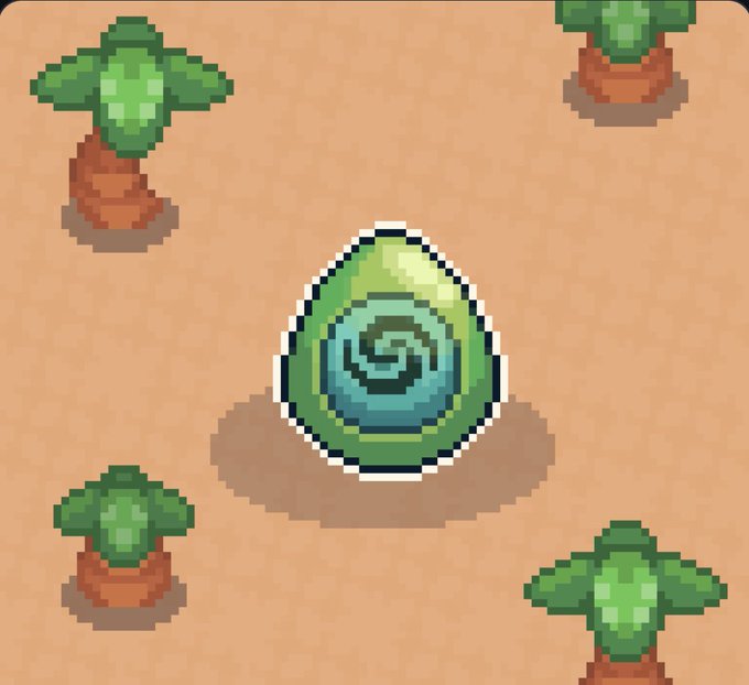 Pixel art showing a green and blue swirled egg in the center of a sandy area, surrounded by four small potted plants.