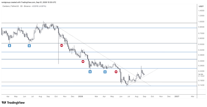 A TradingView candlestick chart of Cardano/TetherUS (ADA/USDT) on Binance shows a long-term downtrend from ~$1.00 in late 2024 to a current price near $0.178, with horizontal support levels around $0.16–$0.18 and resistance near $0.22–$0.25, consistent with the post's view that ADA must defend local support and reclaim 25 cents before further bullish interest.