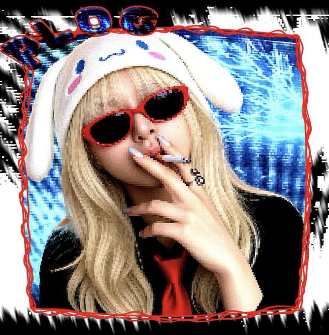 A digitally edited portrait of a blonde woman wearing red sunglasses, a white bunny-eared hat, and a red tie, with a chaotic glitchy red and white border and the word "NOPE" partially visible at the top.