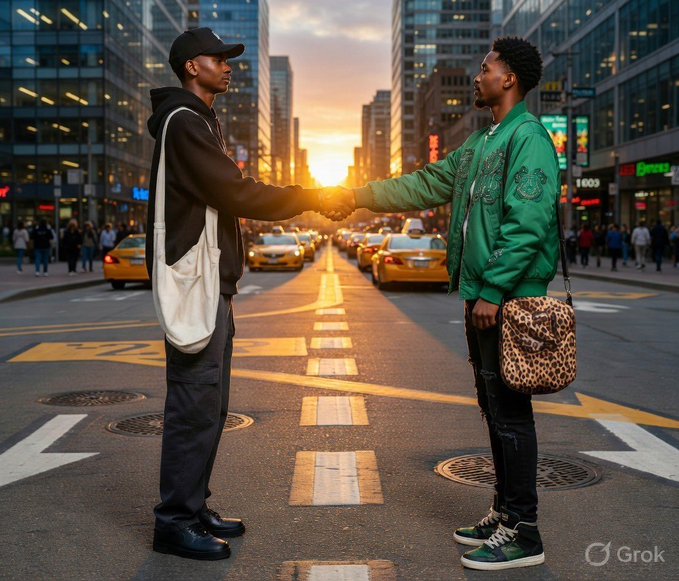 Two men shake hands in the middle of a bustling city street at sunset, with yellow taxis and skyscrapers lining the avenue behind them, visually symbolizing the "bro to bro" support and connection offered in the post to small accounts seeking a boost. A "Grok" watermark appears in the bottom right corner, indicating the image's AI-generated origin.