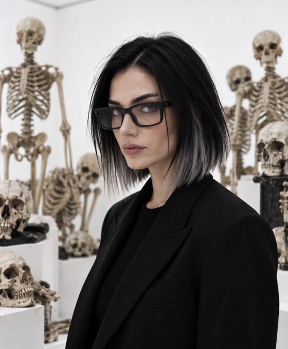 A woman with short dark hair and black-rimmed glasses wearing a black blazer poses in a gallery space surrounded by various human skeletons displayed on white pedestals.