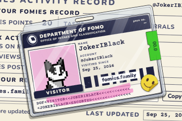 A digital 'Department of Fomo' activity record card displaying a pixel art husky avatar for 'JokerIBlack' with visiting since Sep 25, 2026 and Famics.family branding.