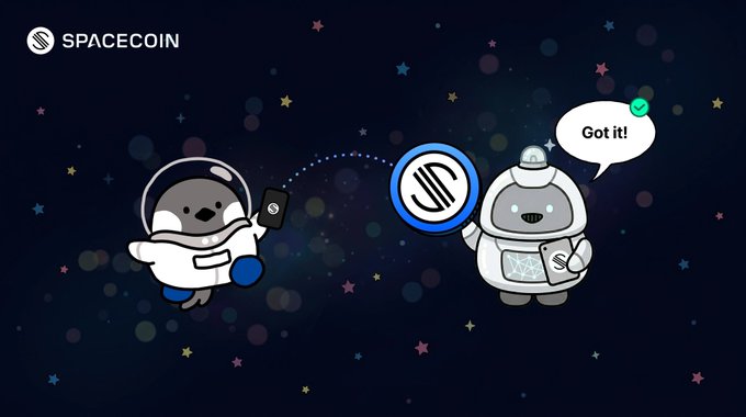 The image features two cartoon characters, one wearing a spacesuit and holding a coin while another character, dressed as an AI robot, holds a phone with a message that says "got it!". The background of the image is filled with stars, creating a space-themed atmosphere. The text in the image seems to be related to cryptocurrency or online transactions, possibly discussing how to use SpaceRouter Proxy for accessing paid APIs without needing to create an account first.