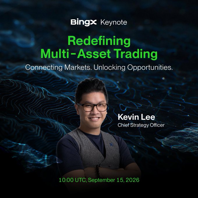 Promotional graphic for the BingX Keynote titled "Redefining Multi-Asset Trading: Connecting Markets. Unlocking Opportunities," featuring Chief Strategy Officer Kevin Lee and announcing the livestream on September 15, 2026 at 10:00 UTC, aligning with the announcement of BingX's evolution into a multi-asset platform.