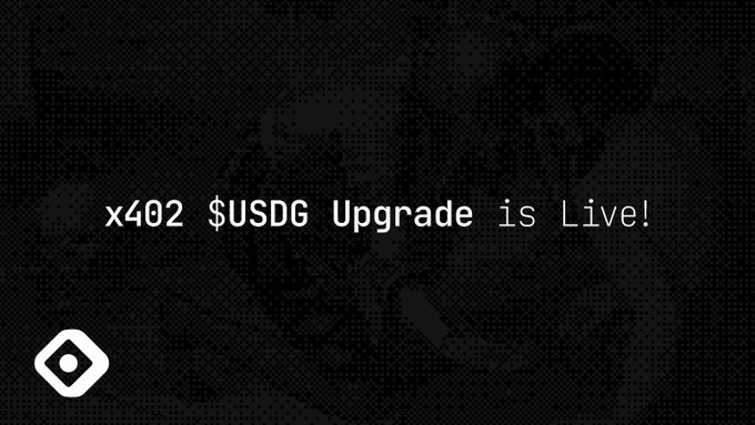 The image displays a dark announcement graphic with the text "x402 $USDG Upgrade is Live!" in white, featuring a small diamond-shaped logo in the bottom left corner. The image relates to the post by promoting a new upgrade that enables verifiable randomness functionality at a low cost ($0.05), which the commenter highlights as a useful developer feature, while tagging the project's launch on the @ponsdotfamily platform.