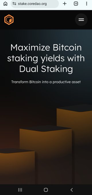 A mobile browser screenshot showing a website (stake.coredao.org) with the headline 'Maximize Bitcoin staking yields with Dual Staking - Transform Bitcoin into a productive asset.'