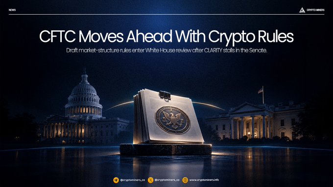 A news graphic headlined 'CFTC Moves Ahead With Crypto Rules' featuring a metallic CFTC emblem in front of the U.S. Capitol and White House at night, credited to crypto.news.