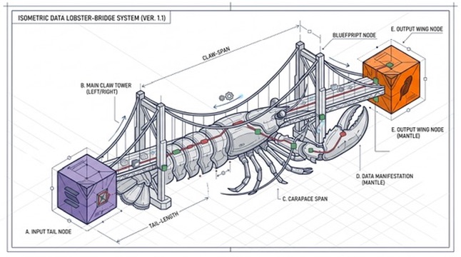 A technical schematic diagram labeled 'ISOMETRIC DATA LOBSTER-BRIDGE SYSTEM (VER. 1.1)' showing a lobster-shaped bridge structure with various labeled nodes and spans including 'A. INPUT TAIL NODE', 'B. MAIN CLAW TOWER', 'C. CARAPACE SPAN', 'D. DATA MANIFESTATION (MANTLE)', 'E. OUTPUT WING NODE', and 'BLUEFRPIT NODE'.