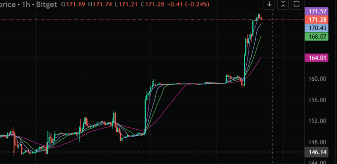 A 1-hour candlestick chart for the ticker 'Bitget' showing an opening price of 171.69, high of 171.74, low of 171.21, close of 171.28, down 0.41 (-0.24%), with price levels marked at 171.57, 171.28, 170.43, 168.07, 164.01, and 146.14.