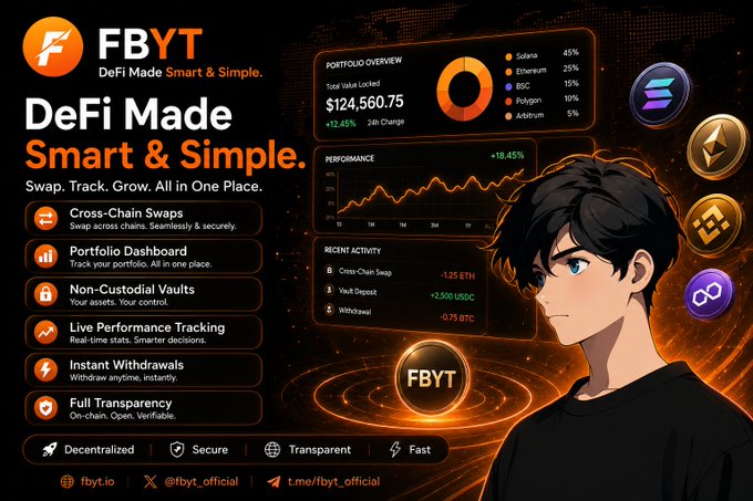 The image features a poster for a cryptocurrency trading platform called @FBYTio, which aims to streamline the process of investing by providing all necessary tools and information in one place. The poster includes a cartoon depiction of a person with a serious expression, symbolizing the importance of making smart decisions when it comes to crypto investments.