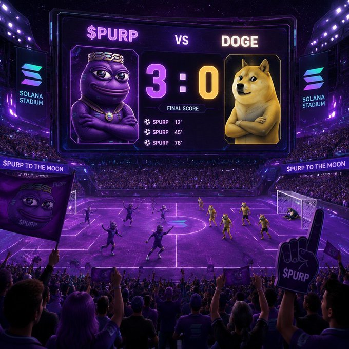 A digital illustration of a 'Solana Stadium' soccer match where $PURP defeats DOGE 3-0, featuring a scoreboard and crowd holding '$PURP TO THE MOON' banners.