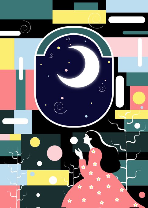 A stylized digital illustration features a woman in a pink floral dress gazing up at a glowing crescent moon framed within an arch, surrounded by a vibrant Mondrian-inspired background of pastel geometric shapes and stars. The artwork visually evokes the dreamlike, collectible aesthetic of XRP fine art NFTs shared on QT (likely referencing QTrade or a similar platform).