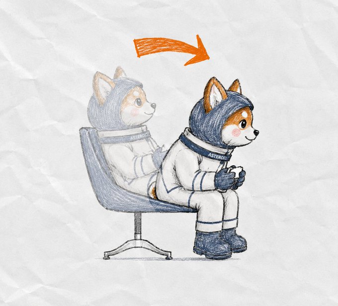 A pencil illustration of a Shiba Inu in an astronaut suit sitting on a chair, with a faded ghost-like image of the same dog behind it and an orange arrow pointing to the right.