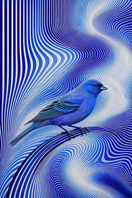An illustration of a blue bird perched against a background of swirling blue and white lines.