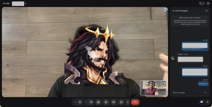 A Google Meet call between two users, including Pooria and someone from Tweet House, discussing the Fortune Foes NFT collection with a pixel art character displayed on the right side of the screen.