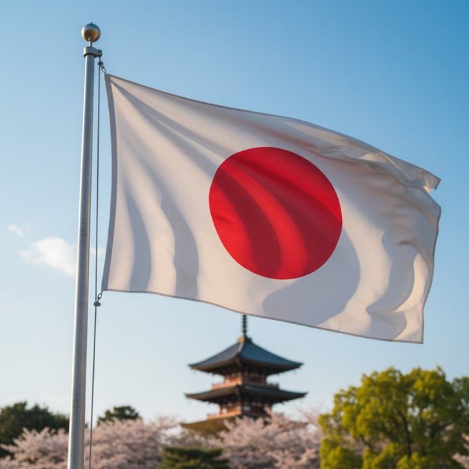 The Japanese flag waves against a backdrop of a traditional pagoda and cherry blossoms under a clear blue sky, symbolizing the nation's heritage as Japan reportedly moves toward blockchain-based instant settlement for stock and government bond trades by 2027.