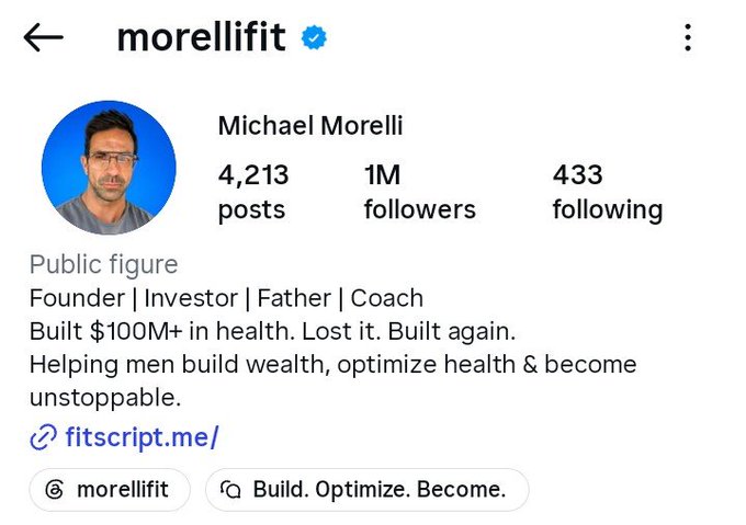 The image shows the Instagram profile of "morellifit" (Michael Morelli), a public figure with 1M followers, describing himself as a Founder, Investor, Father, and Coach whose tagline reads "Build. Optimize. Become." The post appears to be unrelated to the profile image, as Morelli is addressing followers about a "$ChooChoo" coin, clarifying he didn't create it and isn't responsible for those who invest.