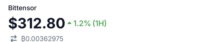 A cryptocurrency price ticker for 'Bittensor' displays a price of '$312.80' with a 1.2% increase in the last 1 hour.