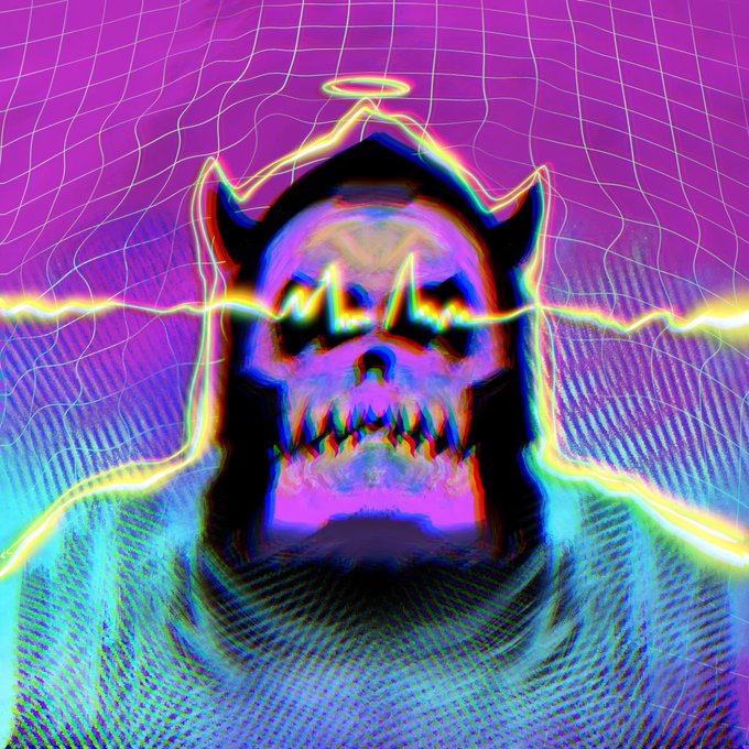 A vibrant, psychedelic digital artwork featuring a horned demonic skull with a halo, glowing yellow eyes, and a distorted mesh background in neon purple, pink, and cyan colors.
