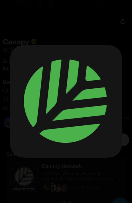 A green leaf logo icon for 'Canopy Network' is displayed on a dark mobile interface, indicating an 83K member community.
