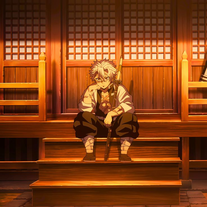 The image features an anime character sitting on wooden stairs, holding a sword. The character appears to be a male, possibly a teenager or young man, with a serious expression as he looks down at his surroundings. In the background, there are two people partially visible behind him.