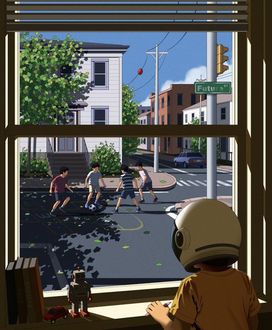 An illustration of a child wearing a white astronaut helmet looking out a window at four boys playing soccer on a sunny street corner beneath a 'Future St' sign.